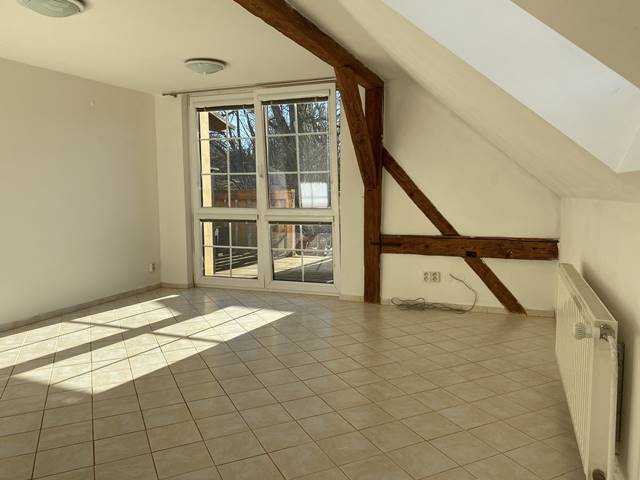 Prostorný pokoj s jihozápadní orientací s balkonovými dveřmi vedoucími na terasu.