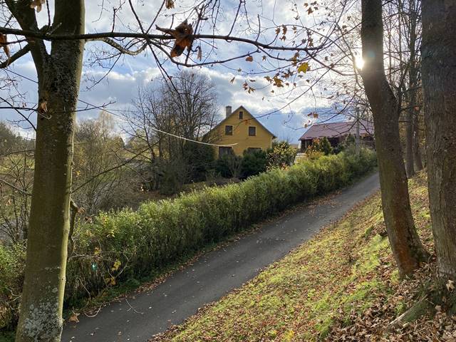 Obecní příjezdová cesta s novým asfaltem.